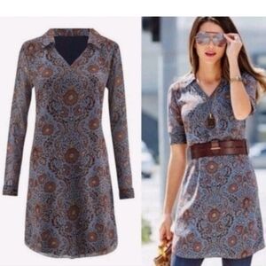 Cabi Shirt Dress Shift Provincial Paisley Med Long Sleeve Floral Blue Brown Boho